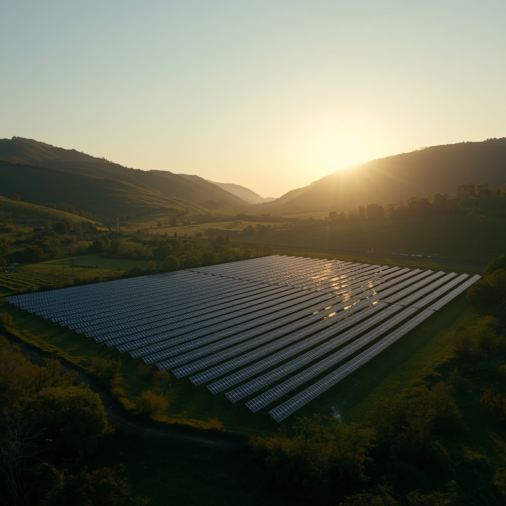 Expansive solar farm in green valley at sunrise, photorealistic, cinematic lighting, no people